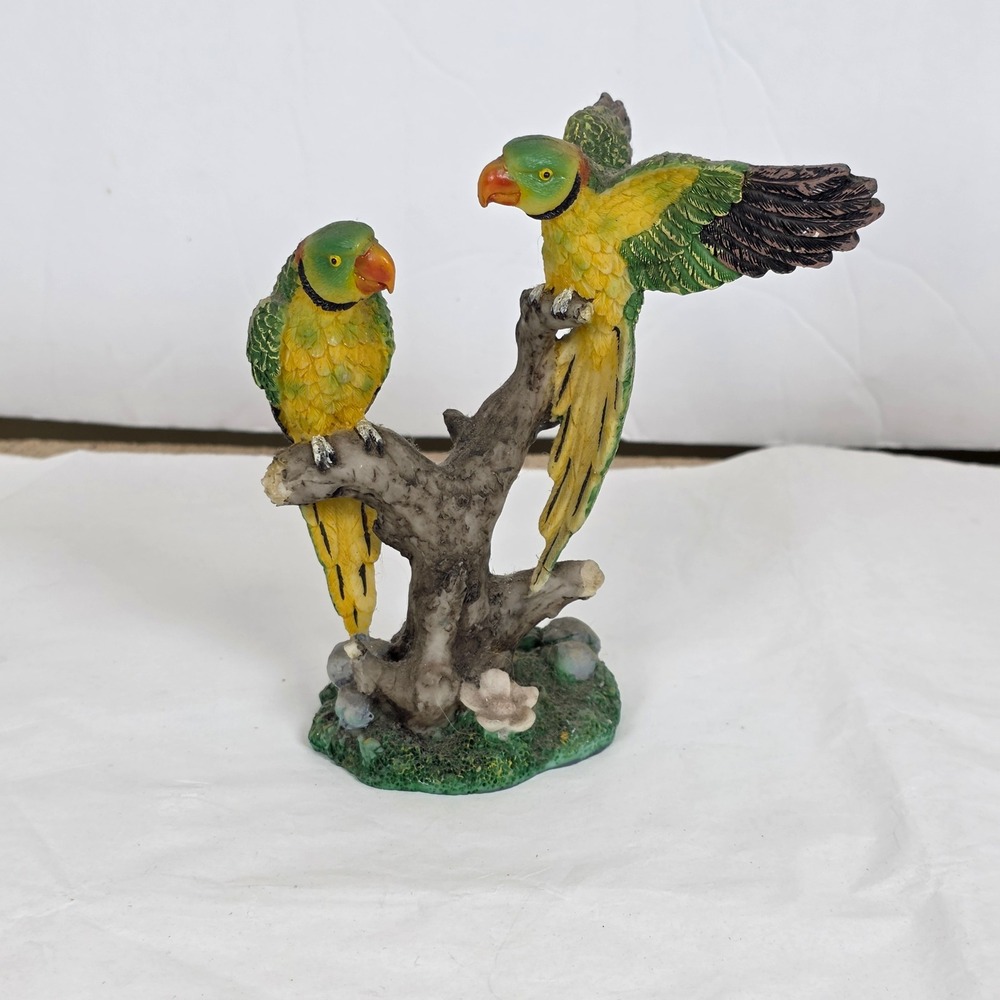 Resin Parrot Bird Figurine Tree Branch Tropical Decor Green Yellow flight